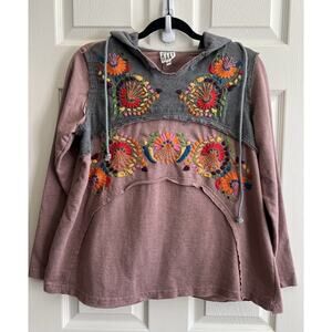 SISTER MARY Floral Embroidered Distressed Colorblock LS Hoodie Pullover Top XS